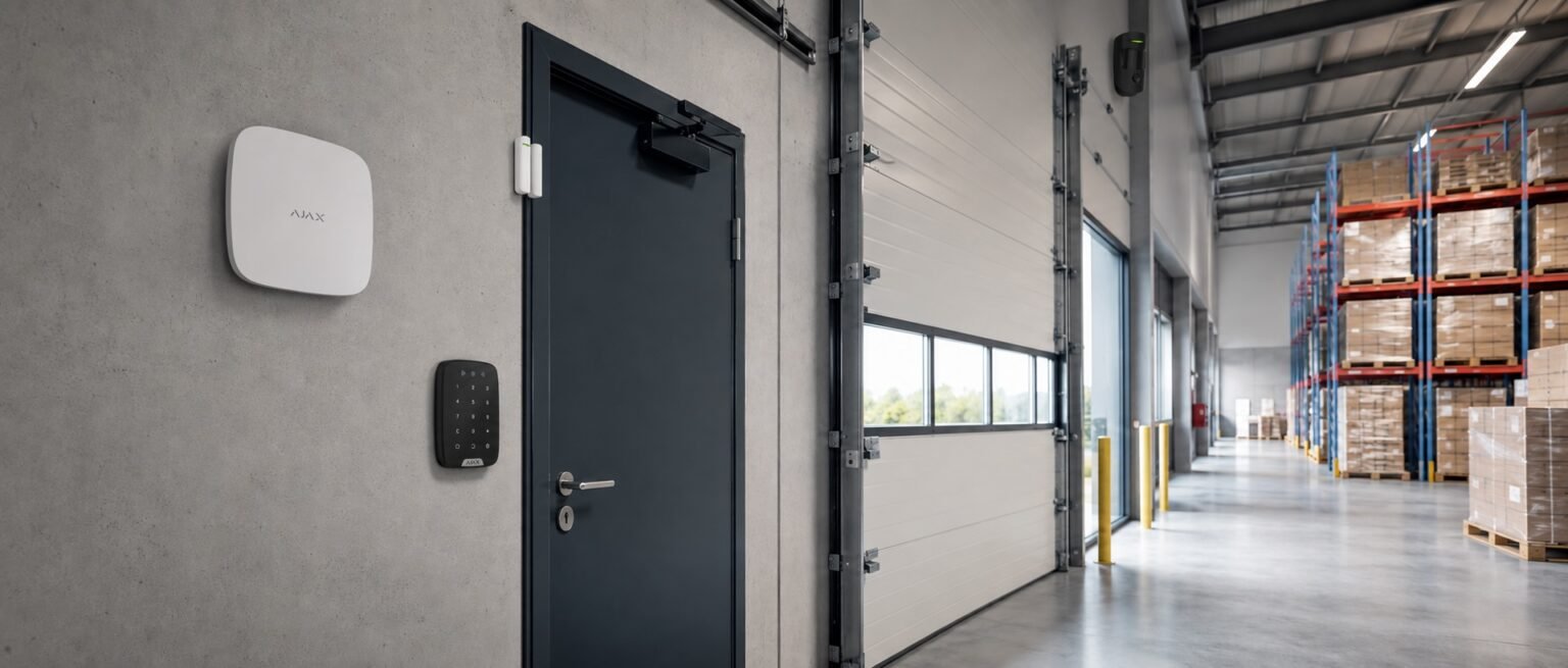 Alarme entreprise AJAX avec Hub 2, KeyPad Plus, DoorProtect et MotionCam dans un entrepôt