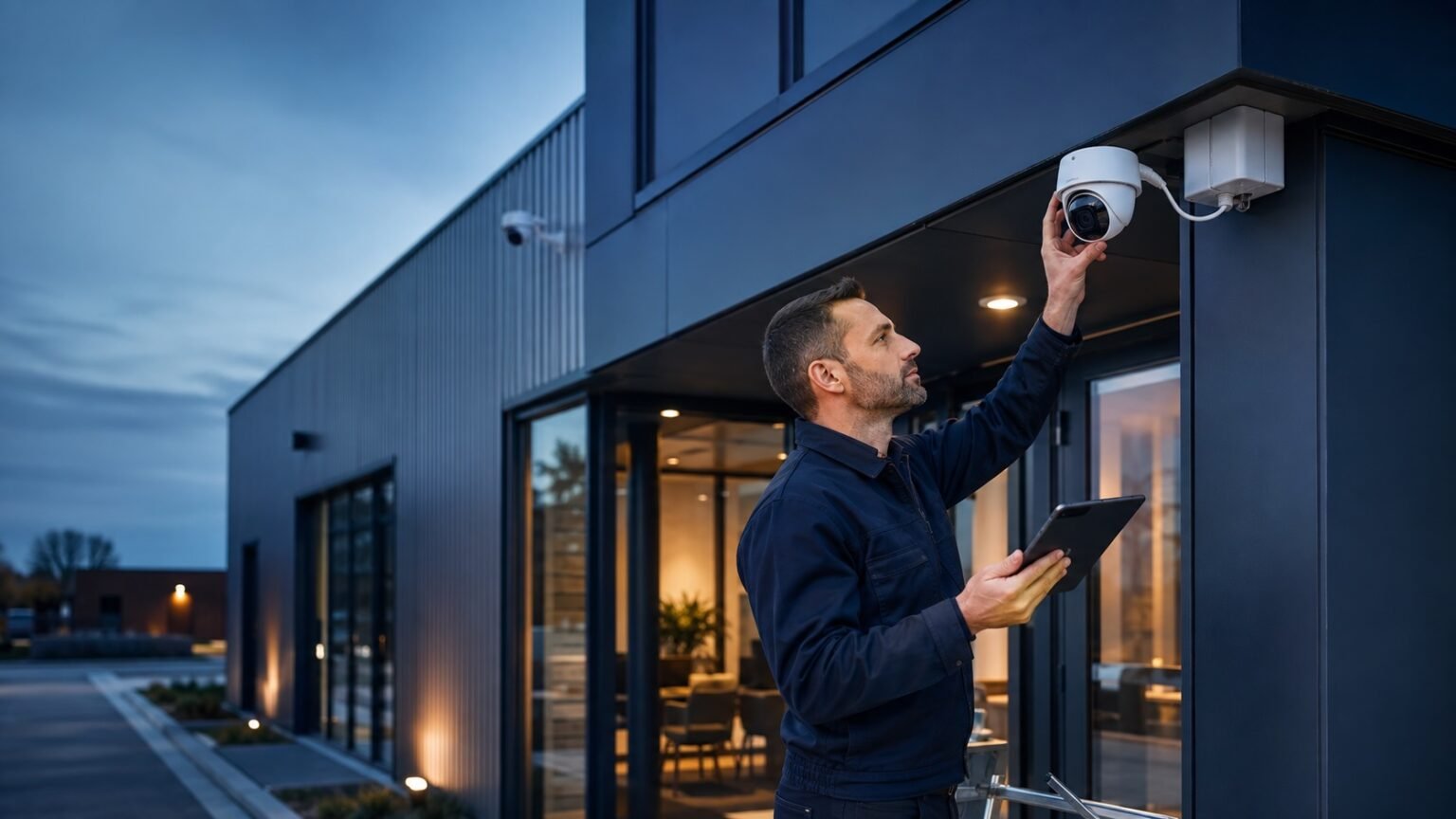 Technicien installant une caméra IP de vidéosurveillance en entreprise