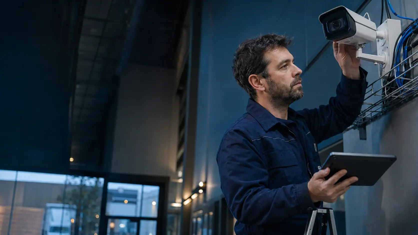 Technicien installant une caméra de vidéosurveillance IP en entreprise