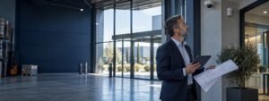 Spécialiste réalisant un audit de sécurité dans des locaux professionnels